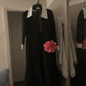 Black Lace Dress with White Collar and Pink Flower